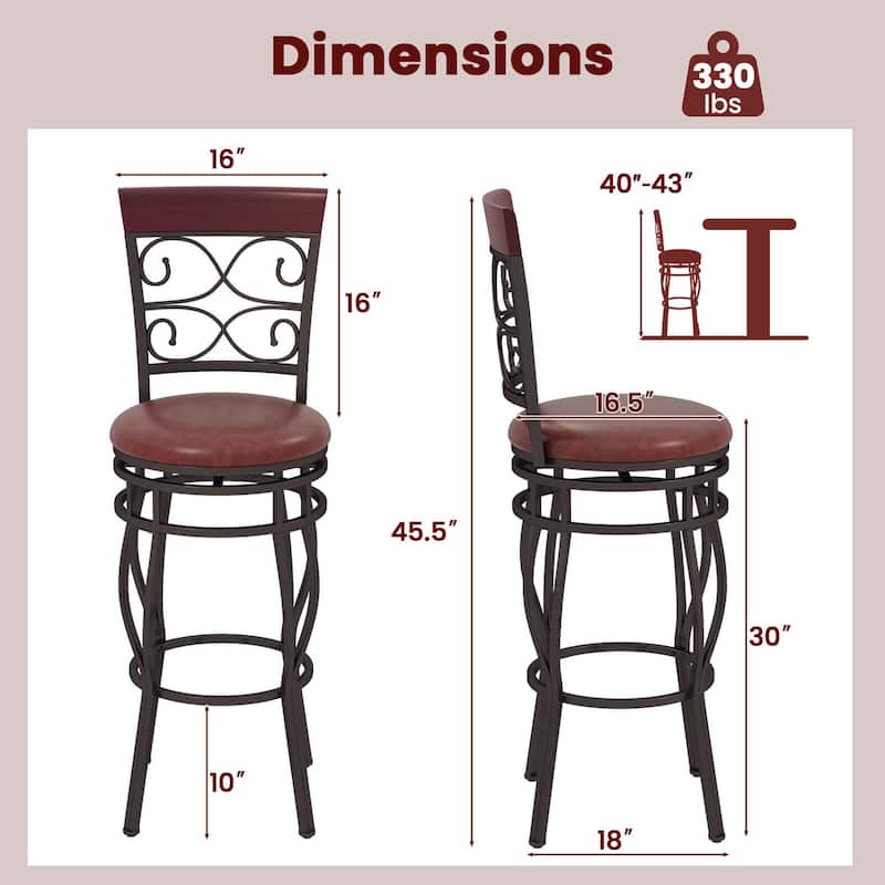 Set of 2 Vintage Bar Stools Swivel Padded Seat 30'' Bistro Dining - 18''W x18''Dx45.5''H