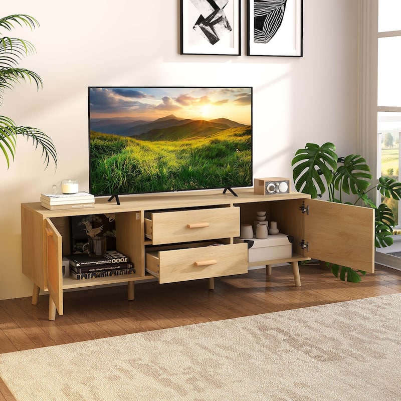 Costway Rattan TV Stand for 65-Inch TV 59" TV Console Cabinet Boho - 59" x 16" x 20" (L x W x H)