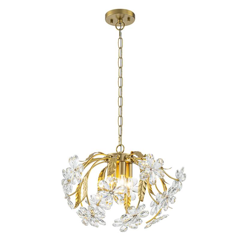 Brushed Gold 4-Light Branch Chandelier with Crystal Floral Accents - Dia.17.72-in