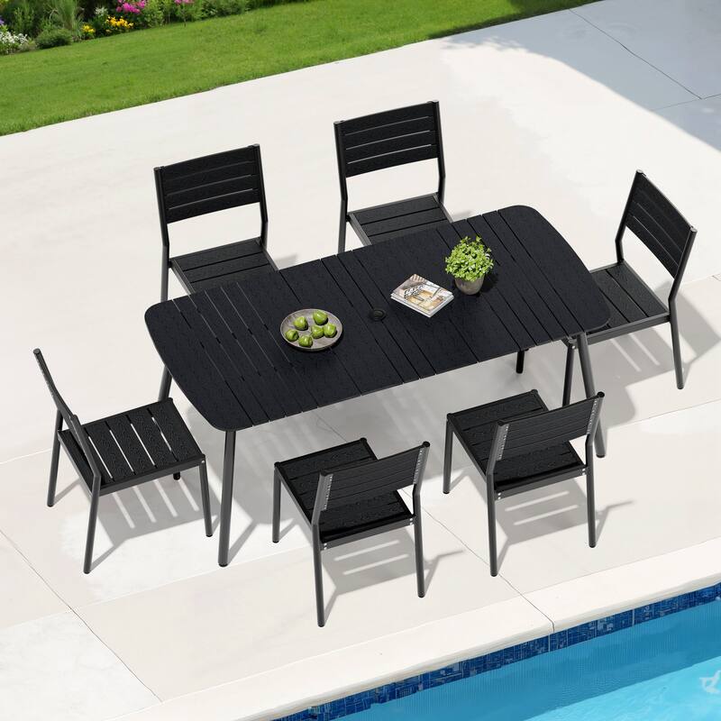 7-Piece Patio Outdoor Dining Set Aluminum Rectangle Table with Umbrella Hole and Stacking Chairs