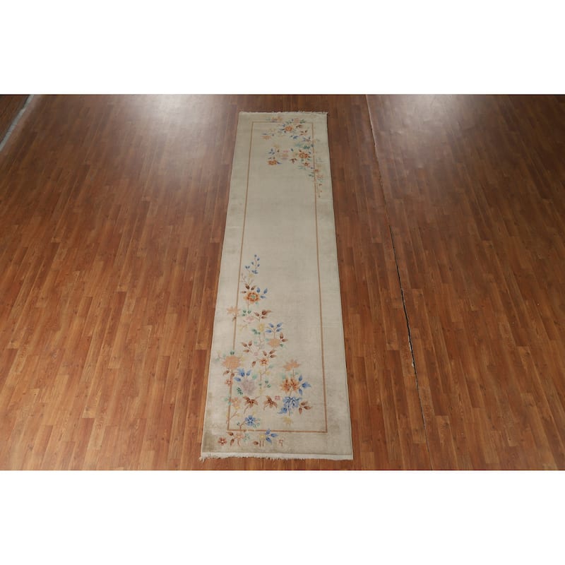 Vegetable Dye Art Deco Chinese Vintage Runner Hand-Knotted Wool Carpet - 3'0" x 11'8"