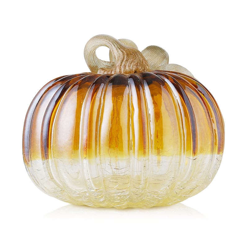 Glitzhome 6"D Green Amber Crackle Hand Blown Glass Pumpkins for Fall Harvest Halloween