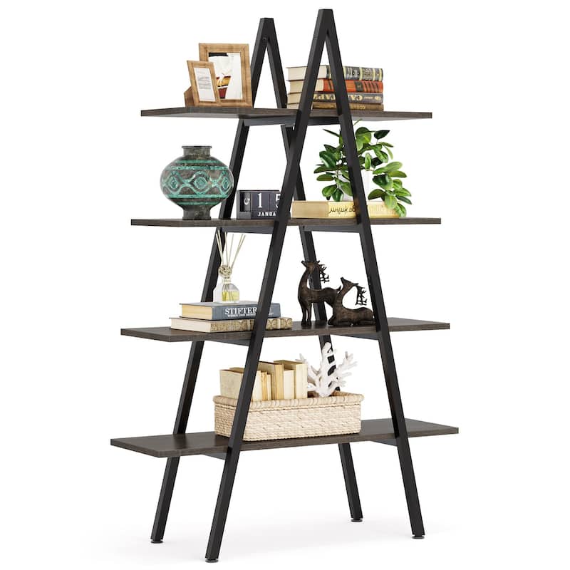 4-Tier Bookshelf Bookcase 4 Shelves Industrial Ladder Shelf, Brown and White