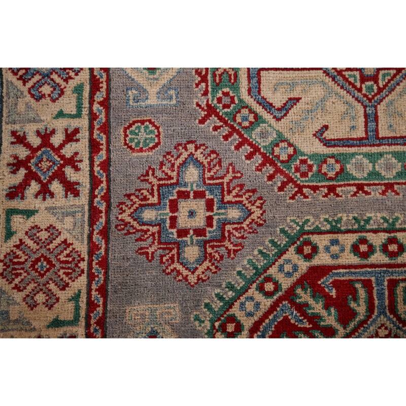 Gray Geometric Kazak Foyer Rug Hand-Knotted Wool Carpet - 3'5" x 4'11"