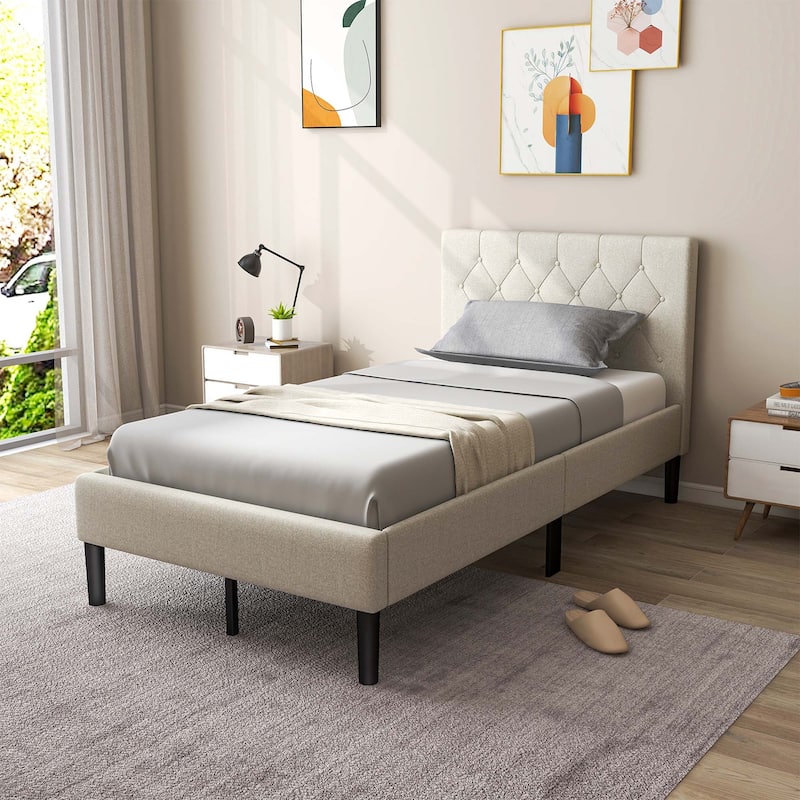 Costway Upholstered Platform Bed Twin Size Button Tufted Headboard - Beige - Twin