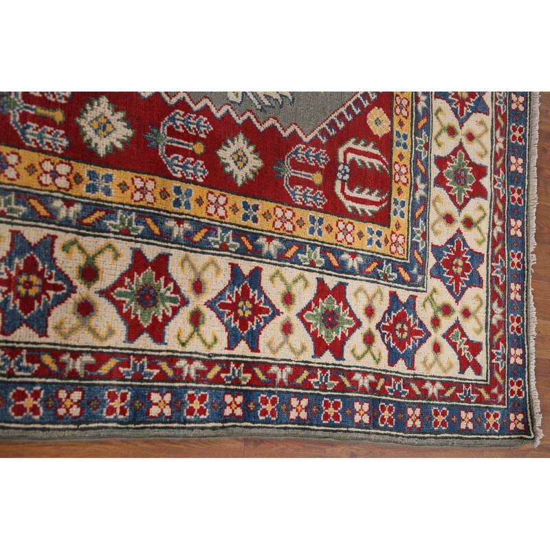 Hand Knotted Oriental 100% Wool Carpet Traditional Geometric Greys & Charcoal Kazak Area Rug - 9' 10'' X 6' 9''