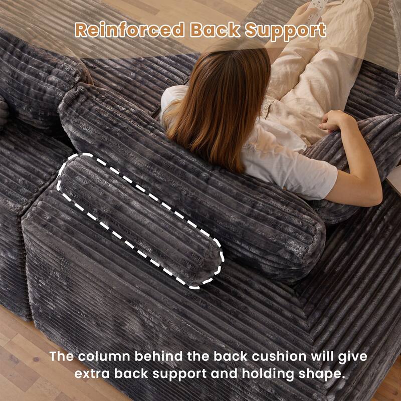 HOOOWOOO Modern Plush Corduroy L-shaped Sofa Chaise Lounge with Ottoman