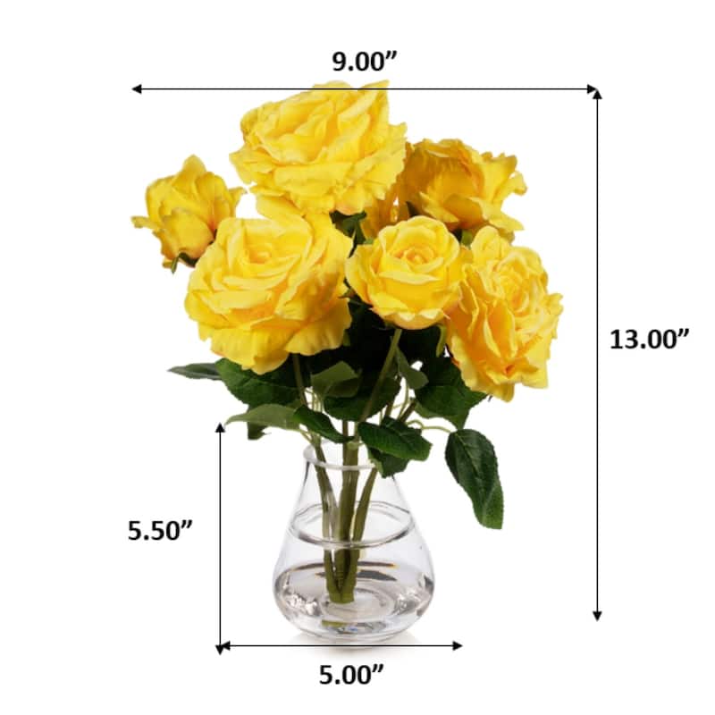 Enova Home 7 Head Artificial Silk Rose Flowers in Clear Glass Vase with Faux Water for Home Office Decoration - N/A