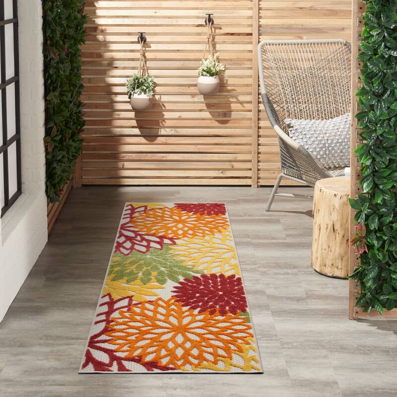 Nourison Aloha Floral Modern Indoor/Outdoor Area Rug - 2'3" x 8' Runner - Red Multi Colored