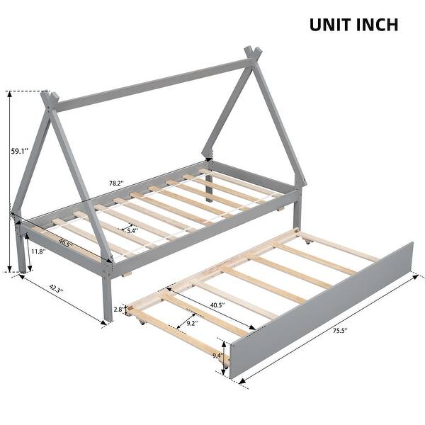 Twin Size Tent Floor Bed Teepee Bed Frame w/Pull-Out Trundle Bed, Gray