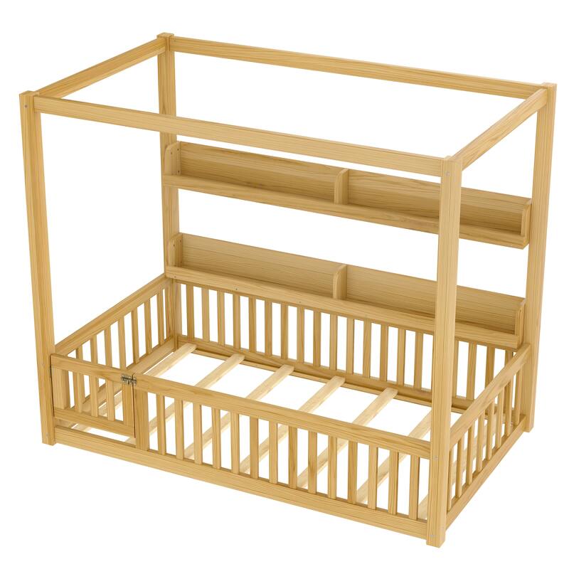 Roomfitters Canopy Floor Bed with Guardrails and Shelves, Solid Wood Montessori Frame