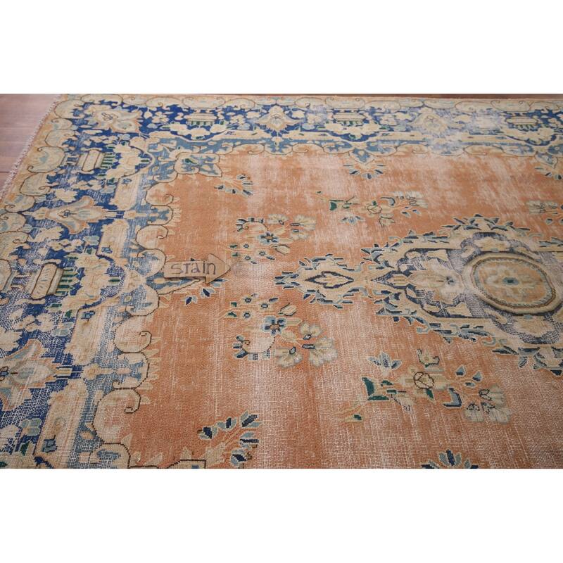 Distressed Kerman Vintage Persian Area Rug Handmade Wool Carpet - 6'4" x 8'11"