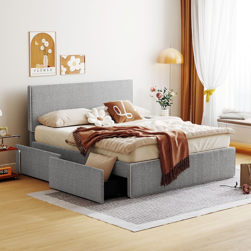 Upholstered Platform Bed with 4 Drawers and Golden Edge
