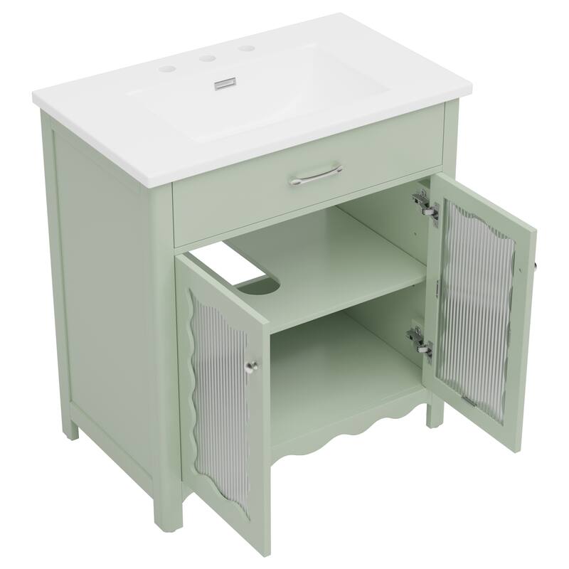 Roomfitters 31" Bathroom Vanity with Tempered Glass, Modern Cabinet with Rubber Wood Legs and Soft-Close Doors