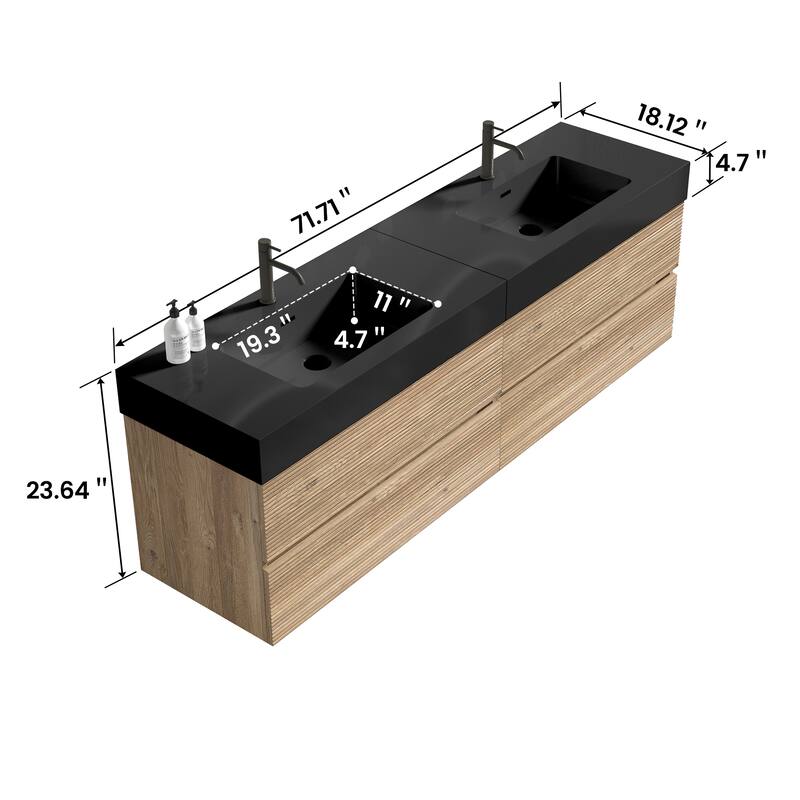 GDFStudio - Grace Wall-Mounted Bathroom Vanity with Engineered Quartz Sink & Soft Close Drawers, without Drainage and Faucet