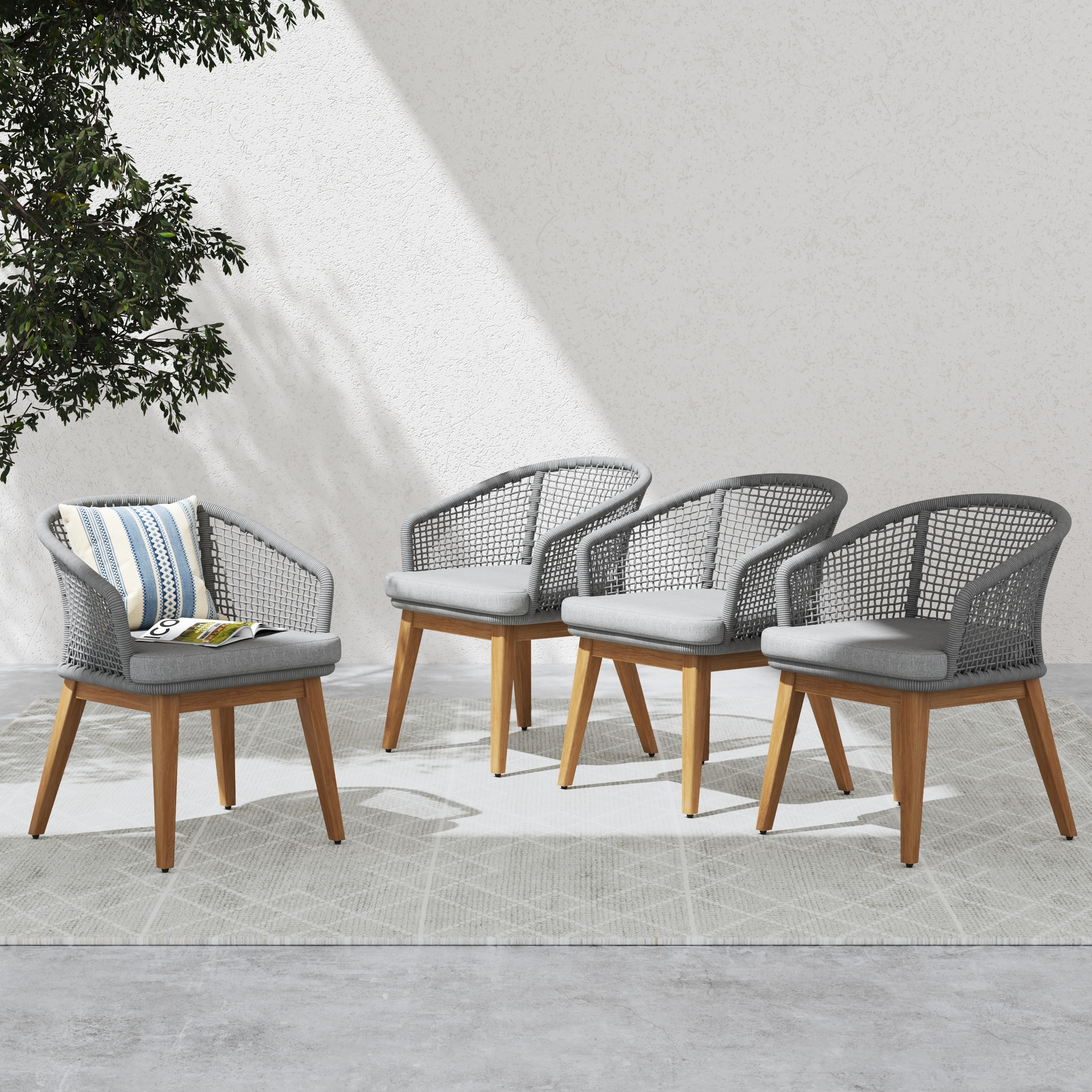 4-Piece Outdoor Dining Chair Set Patio Arm Chair with Rope-woven Backrest and Acacia Wood Legs