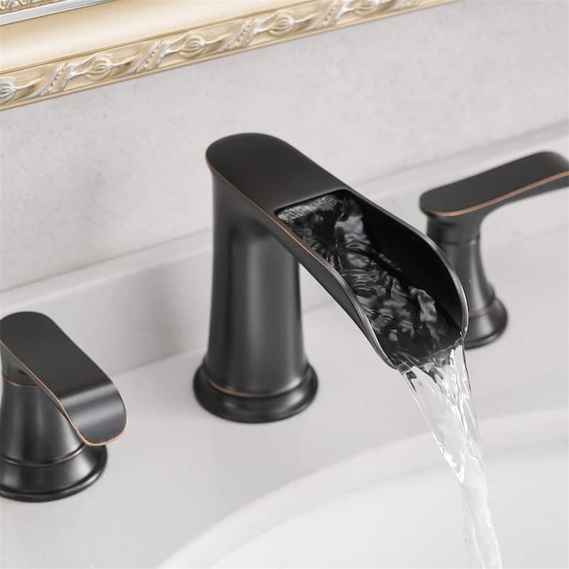 8 Inch Widespread Waterfall Bathroom Faucet with Pop-up Drain Kit Brass Double Handle Modern Bathroom Sink Vanity Faucets
