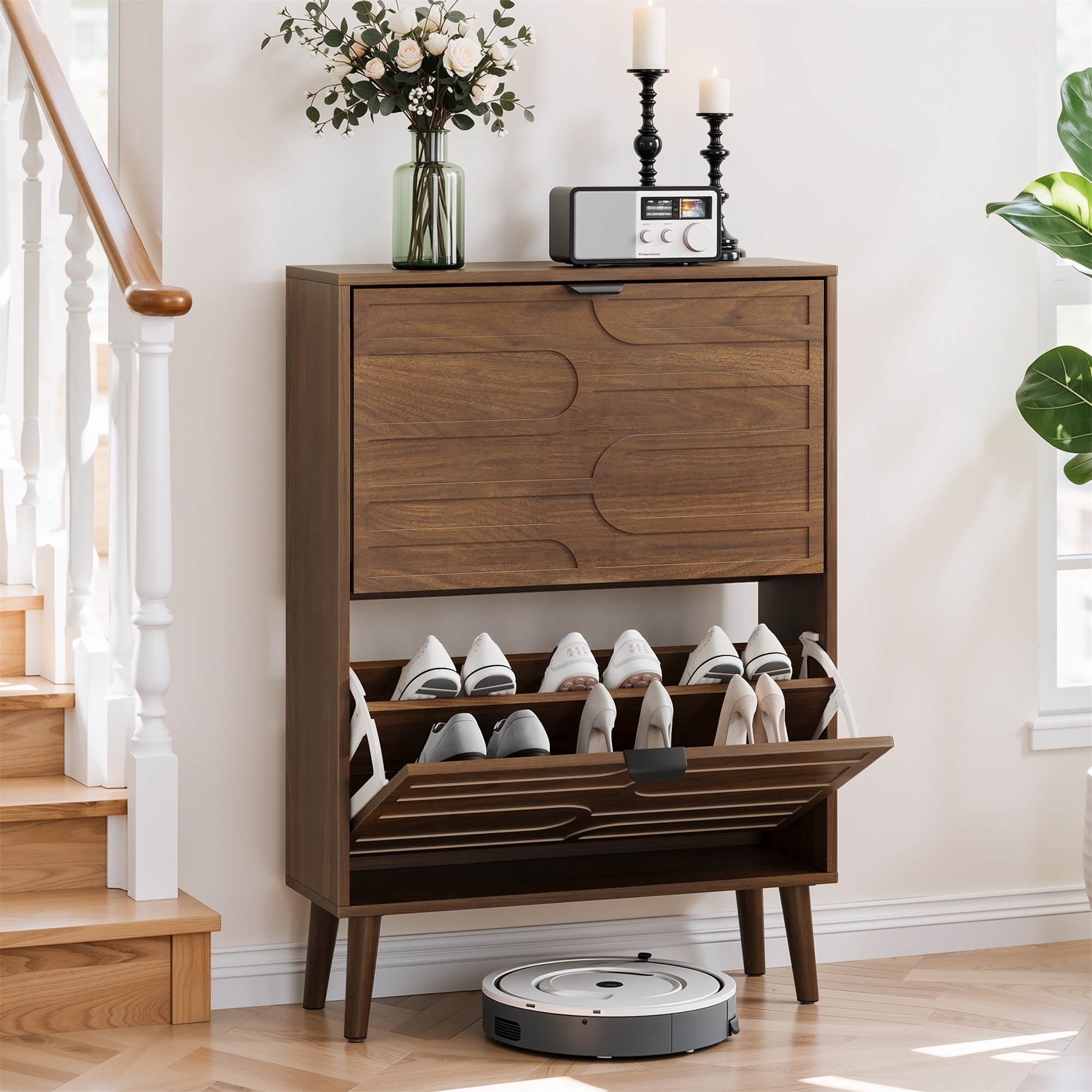 Medieval Modern Independent Shoe Cabinet, 23.62-inch Walnut Shoe Storage Cabinet,, Fence Shoe Cabinet with 2 Flip Drawers