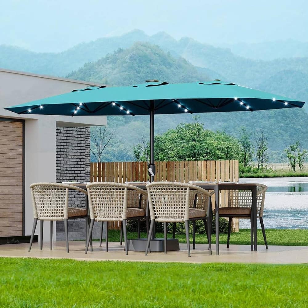 15FT Double-Sided Patio Umbrella with with LED and Base Included for Pool Lawn Garden