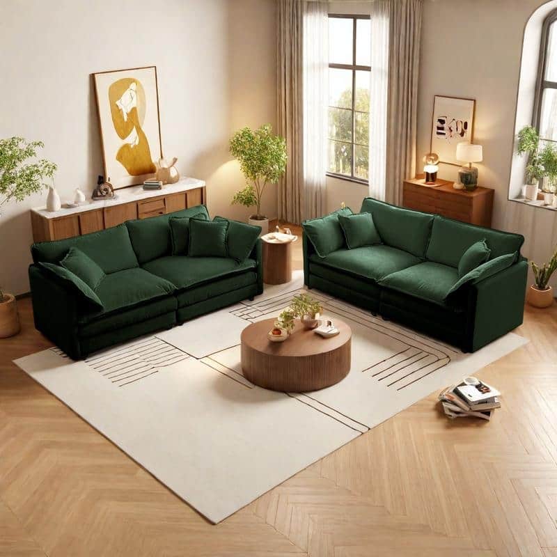 4-Seat Chenille Living Room Sofa Set (Two 2-Seater Sofas) with Solid Wood Frame & Modular Design