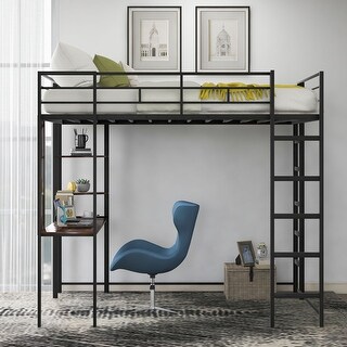 Black Full Metal Loft Bed with 1 Desk and 2 Shelves