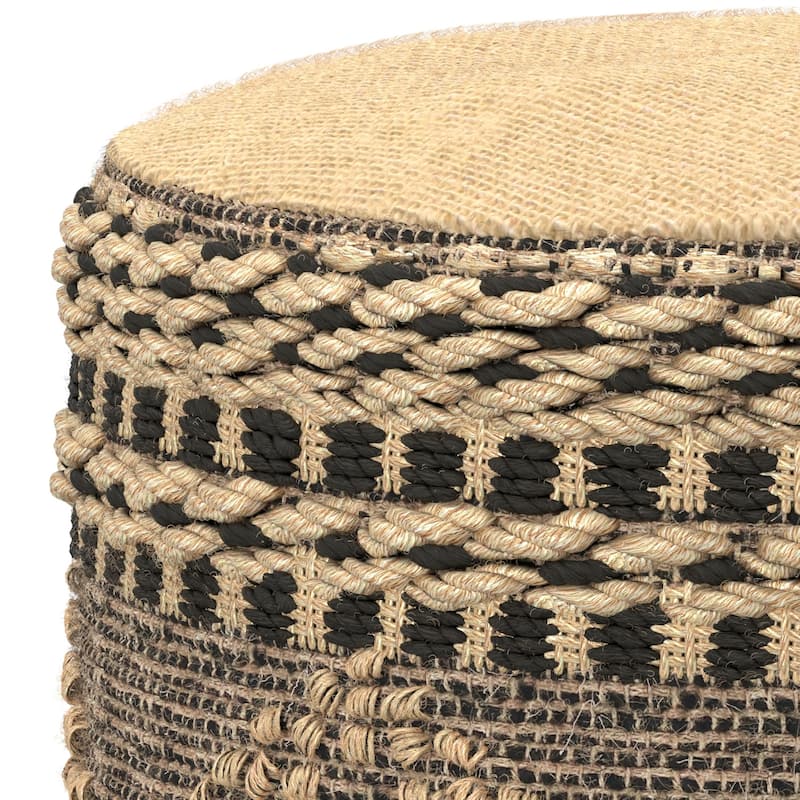 WYNDENHALL Magdalena Contemporary Round Woven Pouf in Natural, Black Jute