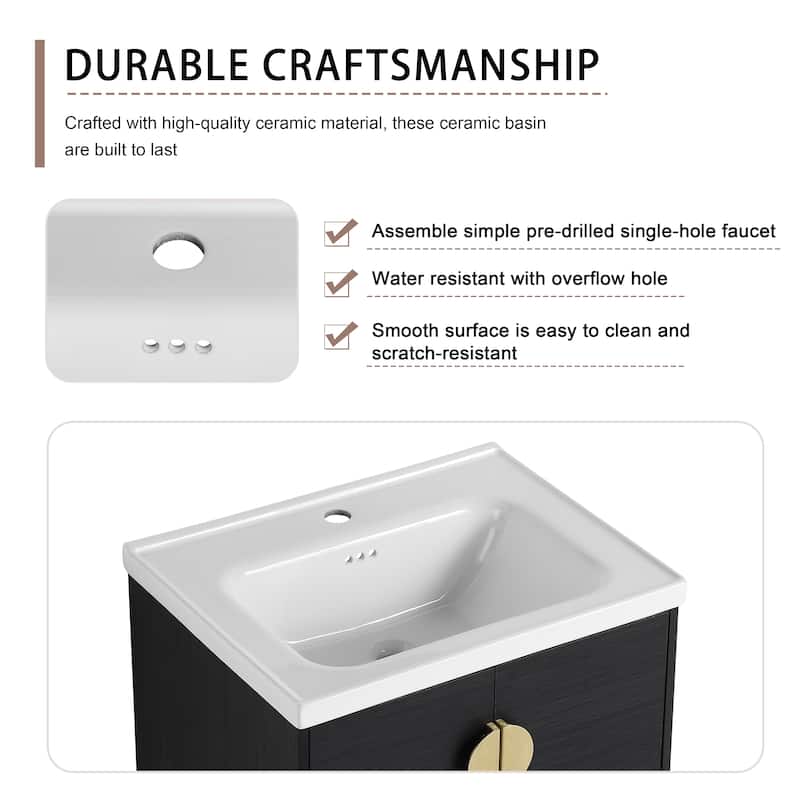 24" Wall-Mounted Bathroom Vanity With Ceramic Sink and Side Cabinet, Soft Close Doors, Combination Cabinet