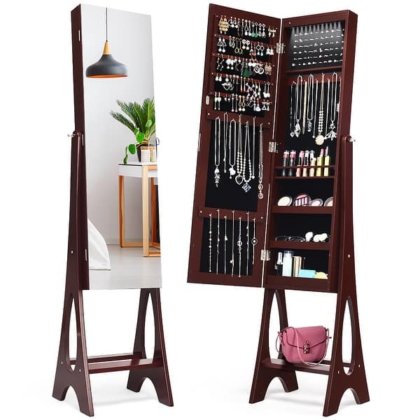 Led Jewelry Armoire Cabinet With Frameless Full Length Mirror Overstock 32027514 Easily attach your mirrored jewelry armoire to your wall or door. overstock com