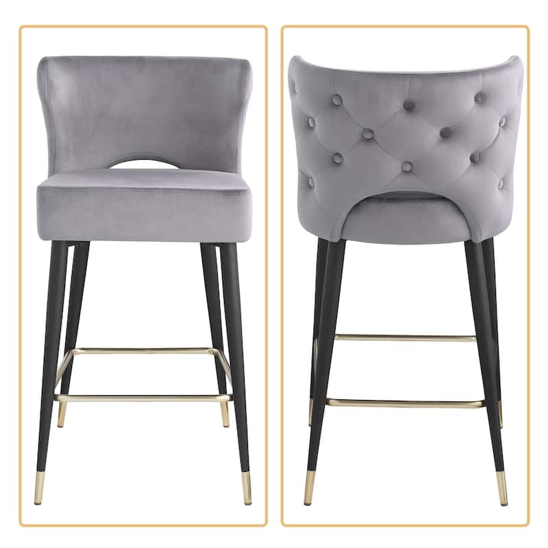 Mid-Century Modern Velvet Upholstered Barstools with Black Metal Legs