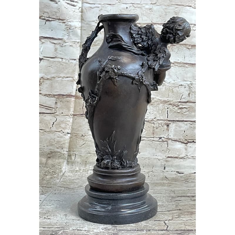 Signed Original Cherub Angel Vase Style Bronze Sculpture Marble Base Figure Sale