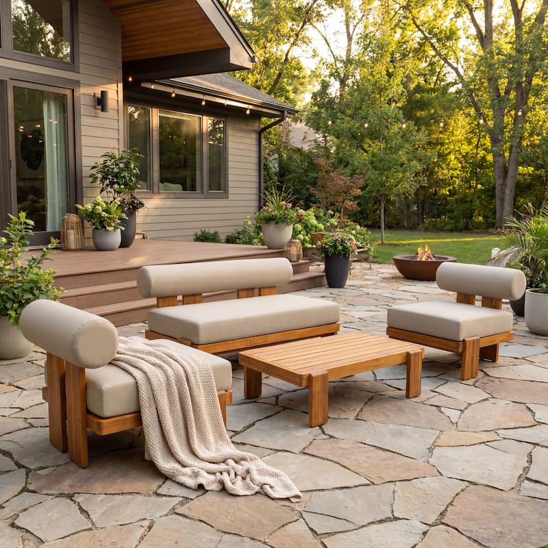 Christopher Knight Home - Modern Outdoor 4-Piece Conversation Set with Water-Resistant Cushions - 4-Piece - Light Brown+Teak