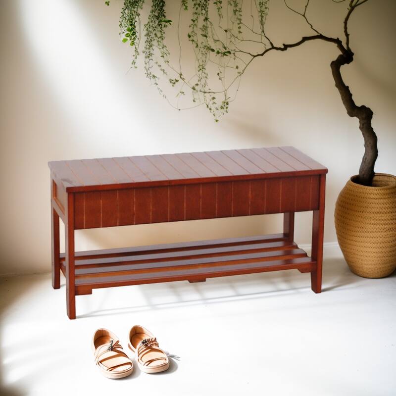 Solid Wood Shoe Bench with Storage - Cherry