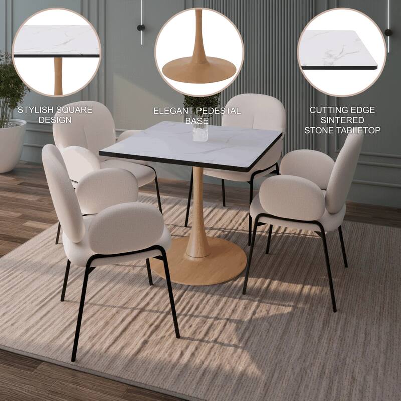 Bristol 27" Square Dining Table with Marbled White MDF Top and Steel Pedestal Base for Modern Kitchen and Dining Room - 27 in.