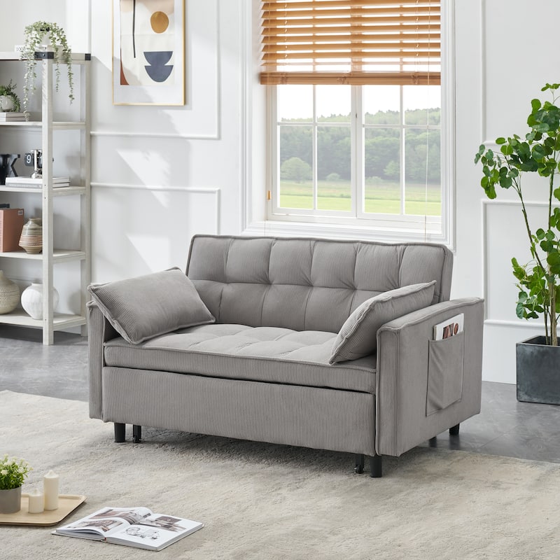 Gray Modern 54.3" Corduroy Loveseat Pull-out Sofa Bed with Adjustable Back and Pillows for Living Room