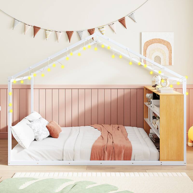 White Full Size Metal Wood House Bed Frame with Shelves and Lights for Kids