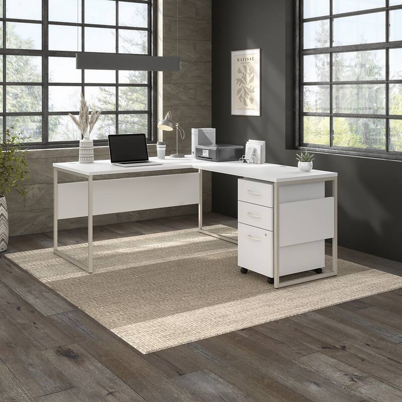 Hybrid 60W L Shaped Table Desk with Drawers by Bush Business Furniture - White