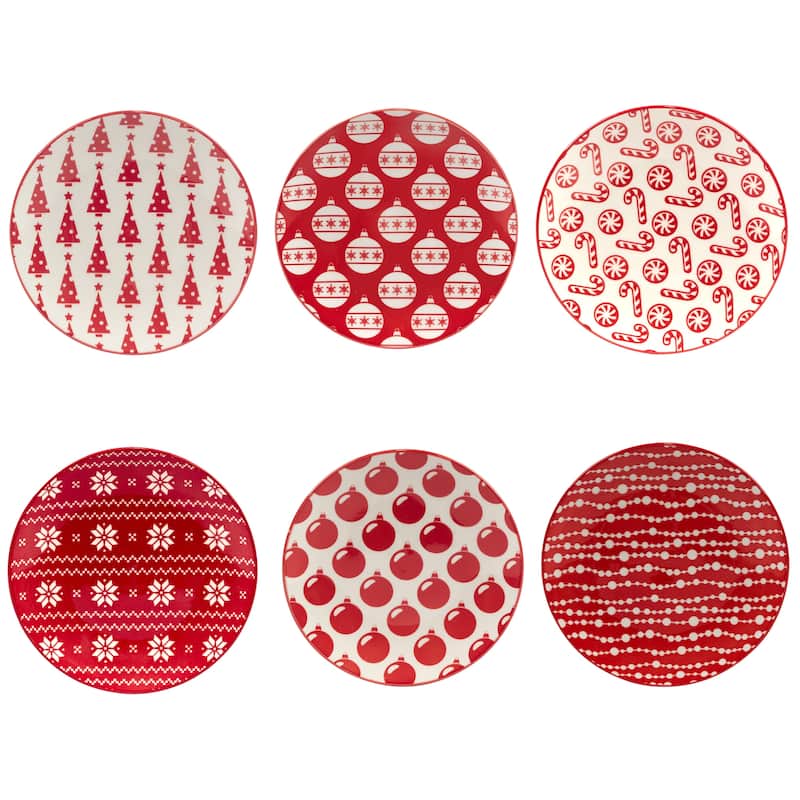 Certified International Peppermint Candy 6" Luncheon/Canape Plates, Set of 6 Assorted Designs - 6-inch