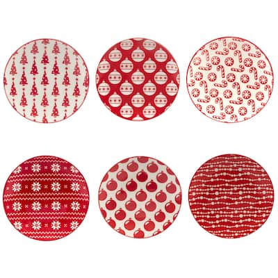 Certified International Peppermint Candy 6" Luncheon/Canape Plates, Set of 6 Assorted Designs - 6-inch