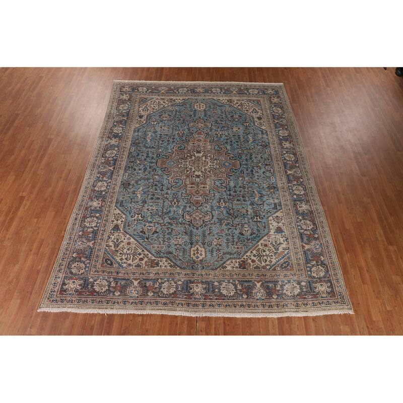 Light Blue Distressed Tabriz Persian Vintage Rug Handmade Wool Carpet - 9'7" x 12'3"