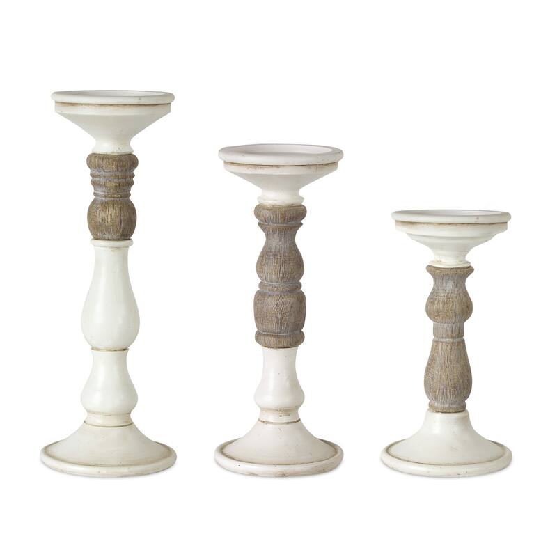 Set of Three Ivory and Natural Resin Tabletop Pillar Candle Holders - One Size