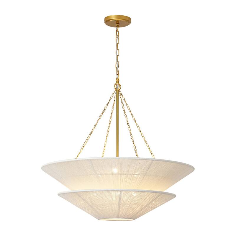 Woven Ivory String 2-Tier Round Shallow Cone Cage Chandelier Brass - 30 Inches