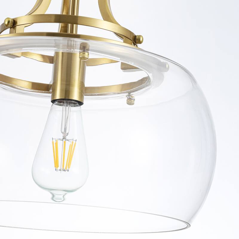 13.8" W Mid-Century Modern Rustic Gold Dome Design Ceiling Pendant with Clear Glass Shade for Dining Room, Kitchen Island, Foyer