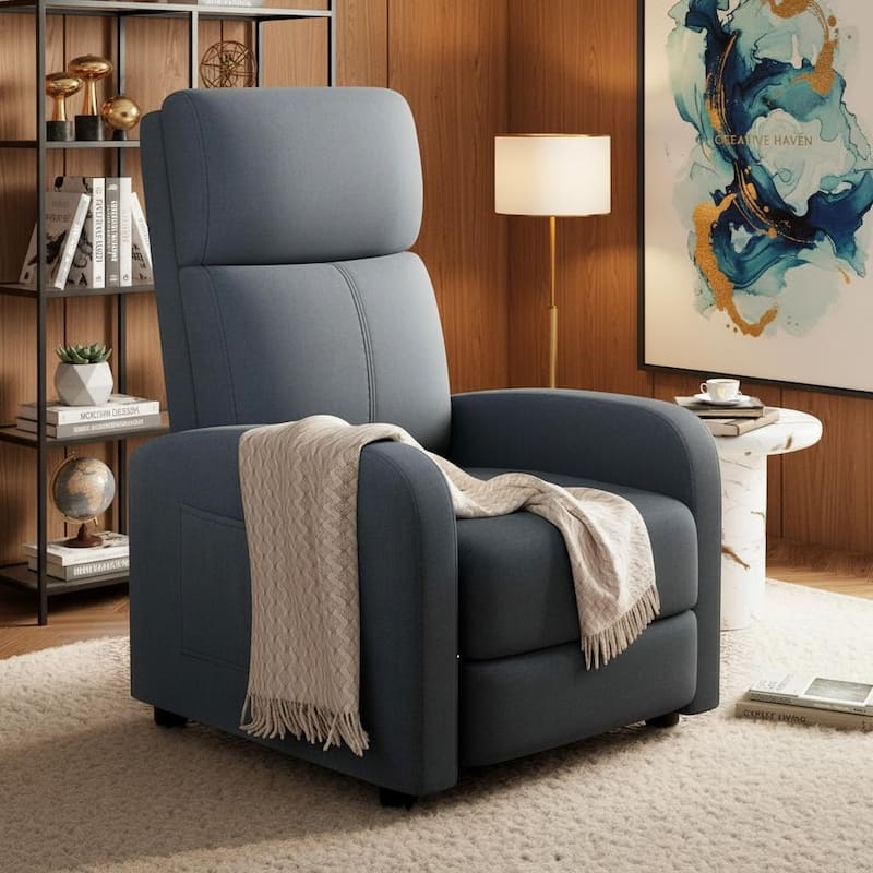 Recliner Chair for Adults, High Backrest, Thick Cushion, with Side Pocket - Dark Grey