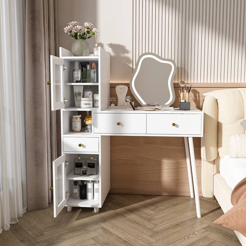 Roomfitters Vanity Desk with Illuminated Mirror, Modern Makeup Station with Glass Cabinets and Shelves, White