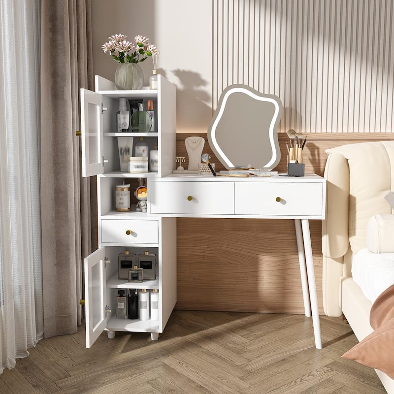 Vanity Dressing Table With Led Mirror & Storage-White Makeup Desk Features 3 Drawers,2open Shelves&4 Hidden Cabinets