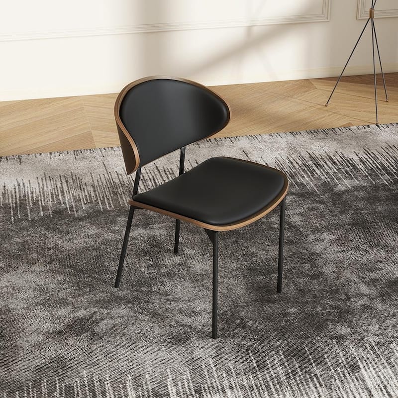 Contemporary Curved Back Dining Chairs Set of 2, Black Leather Side Chairs, Fully Assembled