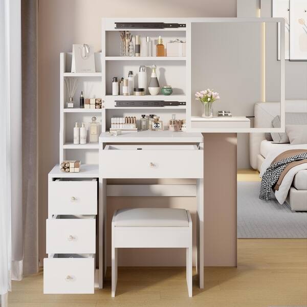 Practical Fashionable Dresser with Mirror,Cabinet Cushioned Stool for  Bedroom - Bed Bath & Beyond - 40753898