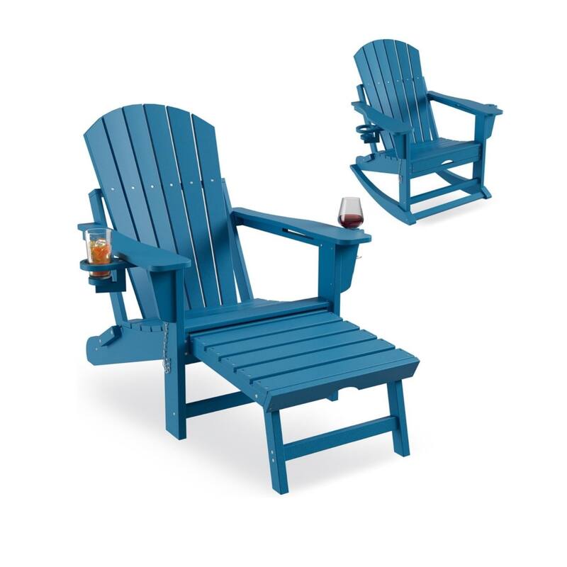 Adirondack Rocking Chair with Ottoman Folding HDPE Outdoor Chair All-Weather - Blue