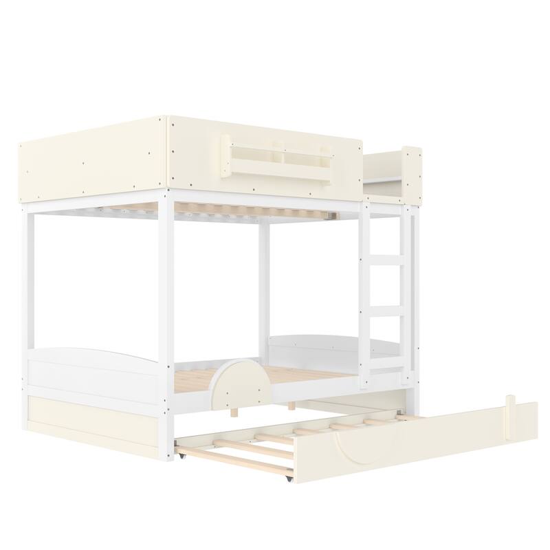 Kids Bed Wooden Bunk Bed with Trundle and Built-in Storage Bookshelves