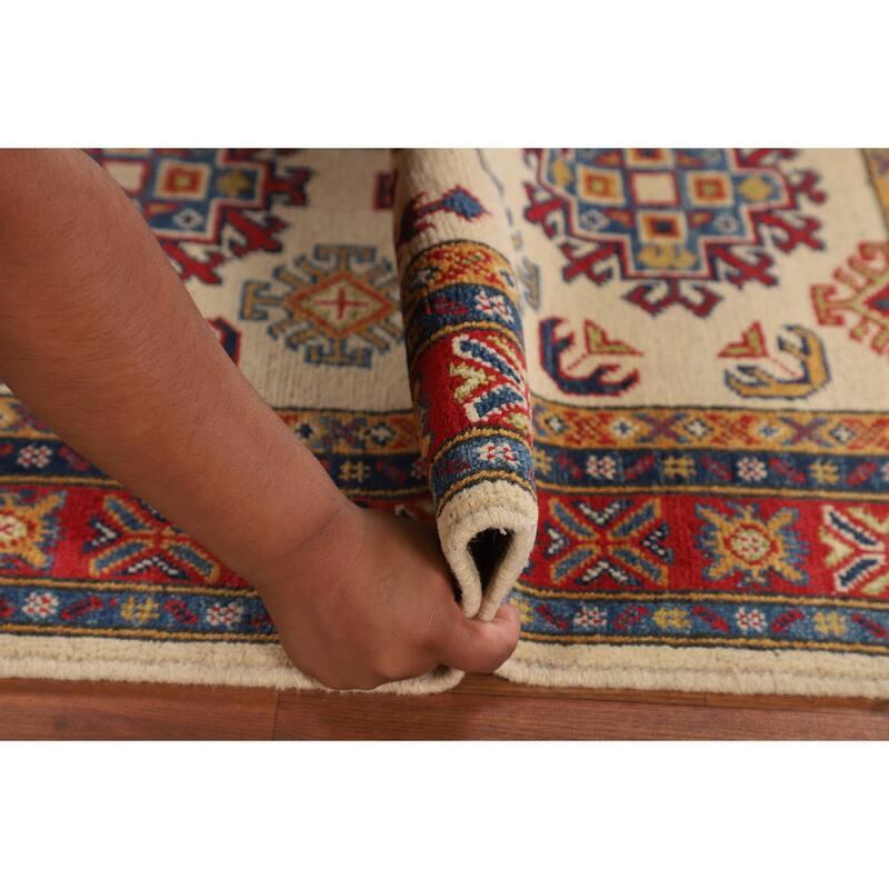 Geometric Beige Kazak Accent Rug Handmade Wool Carpet - 2'7" x 3'11"